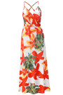 S-2Xl Summer New Plus Size Flower & Coconut Tree Batch Printing Stretch Backless Crossed Sling Stylish Tropical Vacation Style Maxi Dress