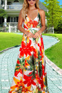 S-2Xl Summer New Plus Size Flower & Coconut Tree Batch Printing Stretch Backless Crossed Sling Stylish Tropical Vacation Style Maxi Dress