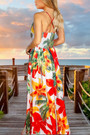 S-2Xl Summer New Plus Size Flower & Coconut Tree Batch Printing Stretch Backless Crossed Sling Stylish Tropical Vacation Style Maxi Dress