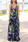S-2Xl Summer New Plus Size Flower & Leaf Batch Printing Stretch Backless Adjustable Straps Stylish Bohemia Vacation Style Maxi Dress