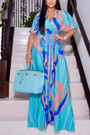 S-2Xl Summer New Plus Size Two Color Fixed Printing Inelastic V-Neck Elbow Sleeves Floor Length Stylish Casual Maxi Dress