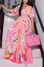 S-2Xl Summer New Plus Size Two Color Fixed Printing Inelastic V-Neck Elbow Sleeves Floor Length Stylish Casual Maxi Dress
