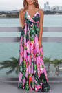S-2Xl Summer New Two Colors Plus Size Leaf & Flower Batch Printing Stretch Backless Adjustable Straps Stylish Bohemia Vacation Style Maxi Dress