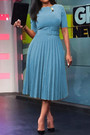 S-3Xl Plus Size New 5 Colors Solid Color Micro-Elastic Crew Neck Nipped Waist Pleated Stylish Classic Midi Dress(With Belt)