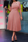 S-3Xl Plus Size New 5 Colors Solid Color Micro-Elastic Crew Neck Nipped Waist Pleated Stylish Classic Midi Dress(With Belt)