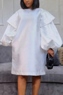 S-3Xl Plus Size Spring & Summer New 4 Colors Solid Color Inelastic Puff Sleeves Crew Neck Pockets Loose Stylish Simple Midi Dress