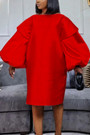 S-3Xl Plus Size Spring & Summer New 4 Colors Solid Color Inelastic Puff Sleeves Crew Neck Pockets Loose Stylish Simple Midi Dress