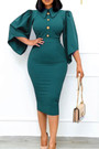 S-3Xl Plus Size Spring & Summer New Solid Color Stretch Trumpet Sleeve Turndown Collar Single Breasted Tie-Waist Zip-Up Slim Stylish Simple Midi Dress(With Belt)
