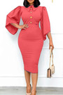 S-3Xl Plus Size Spring & Summer New Solid Color Stretch Trumpet Sleeve Turndown Collar Single Breasted Tie-Waist Zip-Up Slim Stylish Simple Midi Dress(With Belt)