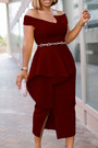 S-3Xl Plus Size Summer New 3 Colors Solid Color Inelastic Off-The-Shoulder Ruffle Slit Zip-Up Irregular Slim Stylish Simple Midi Dress(Without Belt) Midi Dresses