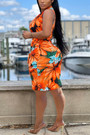 S-3Xl Plus Size Summer New Stylish Stretch Flower Batch Printing Deep-V-Neck Lace-Up Sleeveless Slim Sexy Midi Dress