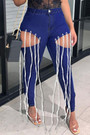 S-3Xl Spring Plus Size Three Colors Micro-Elastic High Waist Hollow Eyelet Long Tassel Pockets Button Zip-Up Stylish Curvy Jeans