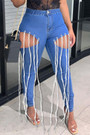 S-3Xl Spring Plus Size Three Colors Micro-Elastic High Waist Hollow Eyelet Long Tassel Pockets Button Zip-Up Stylish Curvy Jeans