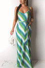 S-3Xl Summer New Plus Size Two Colors Stripe Tie Dye Printing Stretch Sling Pockets Floor Length Loose Stylish Casual Maxi Dress With Belt