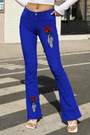 S-4Xl Spring Plus Size 4 Colors Flower Fixed Printing Micro-Elastic Pockets Button Zip-Up Stylish Flare Jeans
