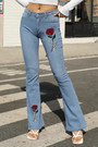 S-4Xl Spring Plus Size 4 Colors Flower Fixed Printing Micro-Elastic Pockets Button Zip-Up Stylish Flare Jeans