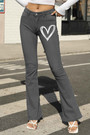 S-4Xl Spring Plus Size 4 Colors Heart Fixed Printing Micro-Elastic Pockets Button Zip-Up Stylish Flare Jeans