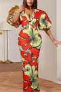 S-4Xl Summer New Plus Size Allover Digital Printing Micro-Elastic V-Neck Puff-Sleeve Zip-Up Back Stylish Vacation Style High Quality Maxi Dress
