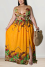 S-5Xl Plus Size Summer New 3 Colors Vacation Stylish Leaf Floral Batch Printing Hollow Two Stripes Sling V-Neck Casual Maxi Dress