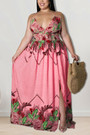 S-5Xl Plus Size Summer New 3 Colors Vacation Stylish Leaf Floral Batch Printing Hollow Two Stripes Sling V-Neck Casual Maxi Dress