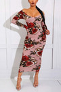 S-5Xl Spring Plus Size 4 Colors Flower Batch Printing Stretch Off The Shoulder Backless Stylish Midi Dress