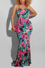 S-5Xl Summer New Stylish Five Colors Leaf Flower Printing Backless Lace-Up Stretch Slim Sexy Maxi Dress