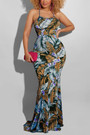 S-5Xl Summer New Stylish Five Colors Leaf Flower Printing Backless Lace-Up Stretch Slim Sexy Maxi Dress