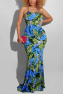 S-5Xl Summer New Stylish Five Colors Leaf Flower Printing Backless Lace-Up Stretch Slim Sexy Maxi Dress