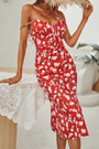 S-Xl Summer New Stylish Floral Batch Printing V-Neck Lace-Up Backless Sling Stretch Slit Sexy Midi Dress