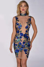 Sexy High Collar Mesh See Through No Lining Flowers Sequin Zip-Up Mini Dress