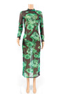 Sexy Perspective Stretch Mesh Print Dress Long Skirt