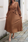 Spring & Autumn New 5 Colors Solid Color Inelastic V-Neck Pleated With Belt Casual Maxi Dress