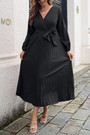 Spring & Autumn New 5 Colors Solid Color Inelastic V-Neck Pleated With Belt Casual Maxi Dress
