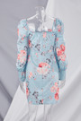 Spring Floral Printing Micro-Elastic Low-Cut Square-Neck Lantern-Sleeve Sexy Bodycon Mini Dress