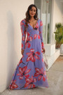 Spring Flower Batch Printing Inelastic Chiffon V-Neck Backless Zip-Up Stylish Bohemian Style Maxi Dress