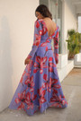 Spring Flower Batch Printing Inelastic Chiffon V-Neck Backless Zip-Up Stylish Bohemian Style Maxi Dress