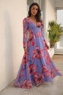 Spring Flower Batch Printing Inelastic Chiffon V-Neck Backless Zip-Up Stylish Bohemian Style Maxi Dress