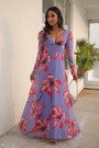 Spring Flower Batch Printing Inelastic Chiffon V-Neck Backless Zip-Up Stylish Bohemian Style Maxi Dress