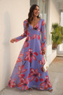 Spring Flower Batch Printing Inelastic Chiffon V-Neck Backless Zip-Up Stylish Bohemian Style Maxi Dress