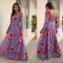 Spring Flower Batch Printing Inelastic Chiffon V-Neck Backless Zip-Up Stylish Bohemian Style Maxi Dress