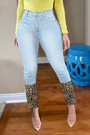 Spring New Plus Size Three Colors Leopard Patchwork Micro-Elastic High Waist Pockets Button Zip-Up Stylish Curvy Jeans