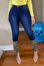 Spring New Plus Size Three Colors Leopard Patchwork Micro-Elastic High Waist Pockets Button Zip-Up Stylish Curvy Jeans