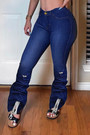 Spring New Plus Size Three Colors Micro-Elastic High Waist Pockets Button Zip-Up Eyelet Drawstring Stylish Denim Bell-Bottoms
