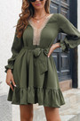 Spring New Stylish 3 Colors Inelastic V-Neck Lace Spliced Ruffle With Belt Long Sleeves Casual Mini Dress