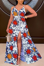 Spring New Stylish Batch Printing Hollow High Slit Lace-Up Sling Inelastic Backless Plus Size Sexy Maxi Dress