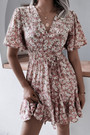 Spring New Stylish Batch Printing V-Neck Inelastic Pleated Casual Mini Dress