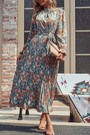 Spring New Stylish Floral Batch Printing Inelastic Button With Belt Pleated Casual Midi Dress