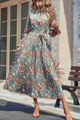 Spring New Stylish Floral Batch Printing Inelastic Button With Belt Pleated Casual Midi Dress
