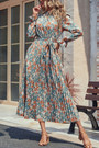 Spring New Stylish Floral Batch Printing Inelastic Button With Belt Pleated Casual Midi Dress