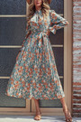 Spring New Stylish Floral Batch Printing Inelastic Button With Belt Pleated Casual Midi Dress
